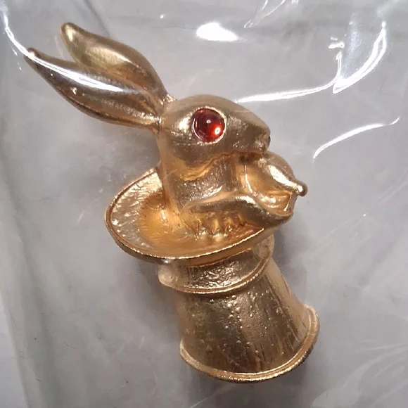 Gold Rabbit Brooch with Red Accent - Picture 3 of 5